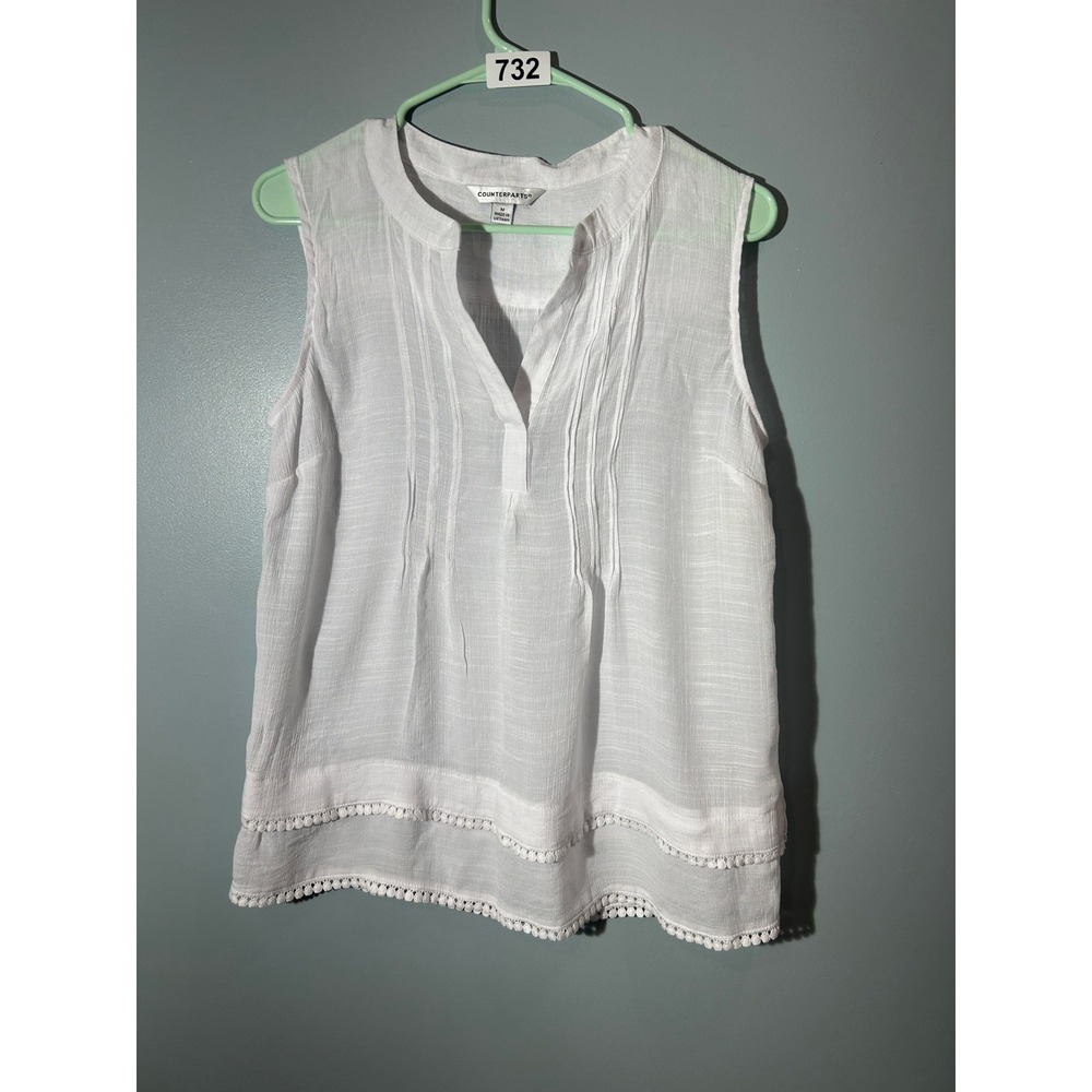 Counterparts Womens White Sleeveless Pintuck Blouse Pom Pom Trim Size‎ M